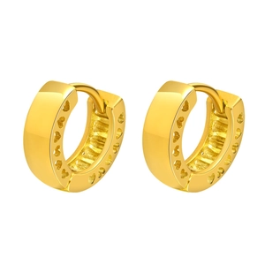 Golden stainless steel hoop earrings featuring hollow heart patterns and polished finish