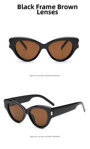 Front and side view of vintage black cat-eye sunglasses with tea lenses and silver accents