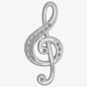 Macro detail of a 304 stainless steel treble clef pendant with textured silver finish