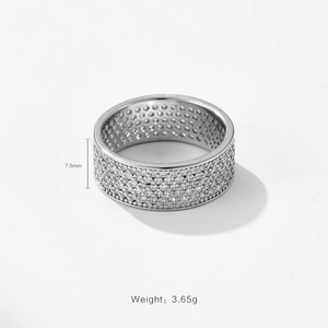 Eternity band ring with full paved crystals 7.5mm width and 3.65g weight in studio lighting