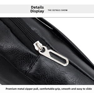 Close-up of the silver metal zipper pull and textured black PU leather material on bag