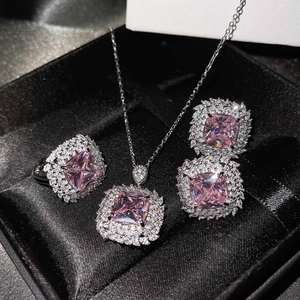 Luxury Copper Jewelry Necklace Ring And Stud Earrings Square Colorful Gemstone Halo Design For Women Elegant Adjustable