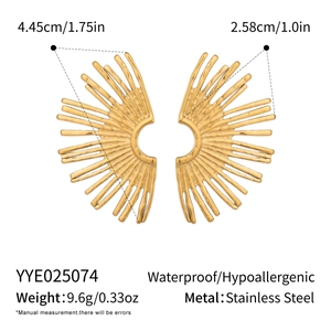 Detailed view of striped fan earrings in 18K gold plating with size and weight specs