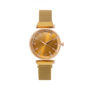 Elegant gold Milanese strap watch for women with a sunray dial and Roman numerals