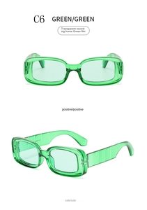 Detail view showing front and side profile of transparent green rectangle sunglasses