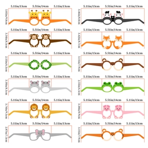 Size guide for animal birthday party paper glasses with elephant and zebra photo props
