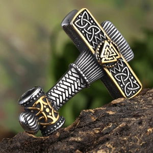 Viking Thor's hammer pendant in bicolor stainless steel with Celtic knot engravings