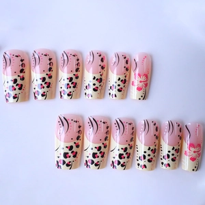 French floral leopard print press-on nails in medium square shape on white background