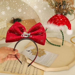 Christmas velvet bow headband and sequin Santa hat hair clip with elegant feather ribbons