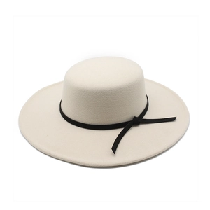 Classic beige wool felt flat top wide brim boater hat with black ribbon band trim