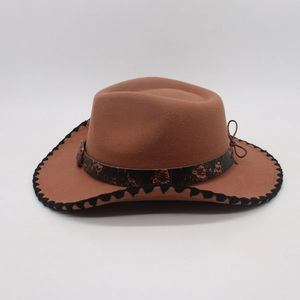 Close-up of western felt cowboy hat with vintage floral band and black wavy stitched edge
