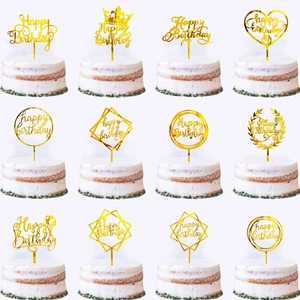 Detailed grid of 12 gold acrylic Happy Birthday cake toppers in various elegant shapes