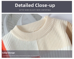 Detail view of thickened knit sweater with ribbed crewneck and tricolor block pattern