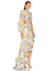 Detail of floral one-shoulder dress with ruffle hem and waist cut-out design