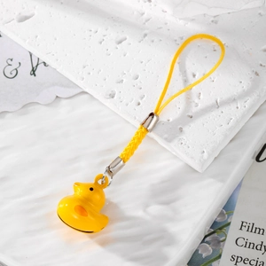 Cute 3D yellow duck animal bell pendant with woven lanyard for phone or bag charm