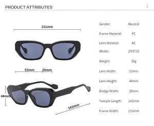 Detailed dimension guide for cat-eye sunglasses with frame and lens measurements