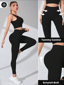 Détails de l'ensemble de yoga noir côtelé avec gainage abdominal et effet galbant fessier