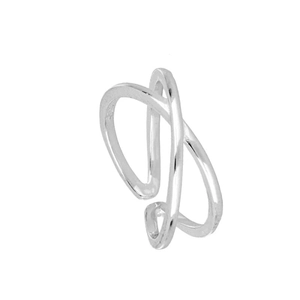 Macro detail of silver S925 minimalist double layered cross ring with adjustable band
