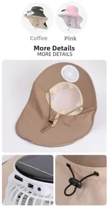 Detailed view of solar-powered fan on wide brim kids sun hat with USB-C charging port