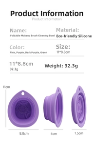 Purple folding silicone makeup brush cleaning bowl with textured bottom and hook hole