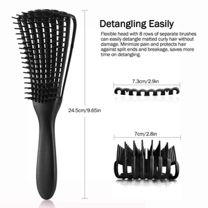 Black 8-row detangling massage brush for curly hair with detailed size dimensions