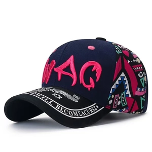 Side view of baseball cap featuring 3D WAG embroidery and printed brim details
