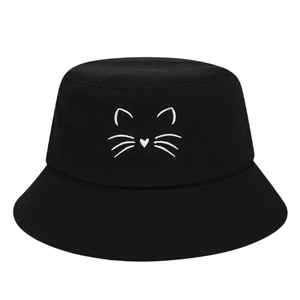 Schwarzer Anglerhut aus Baumwolle mit weißem Katzen-Stickerei, Sonnenschutz für den Sommer