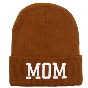 Brown knit beanie with MOM white embroidery, stylish outdoor winter skiing skull cap
