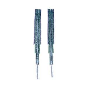 Elegant long square fringe tassel earrings with gradient rhinestones and silver pins