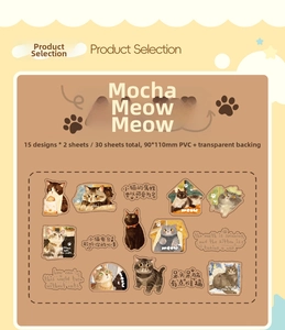 Détail de 30 autocollants de chat Mocha Meow en PVC transparent pour scrapbooking