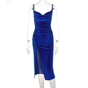 Detail of royal blue velvet camisole dress featuring high side slit and slim fit design