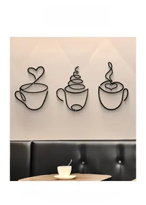 Three minimalist black metal coffee cup wall art pieces for cafe and home interior decor