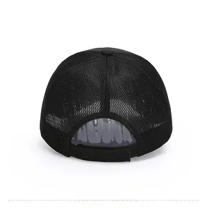 Back view of black mesh baseball cap with adjustable velcro strap for breathable sun protection