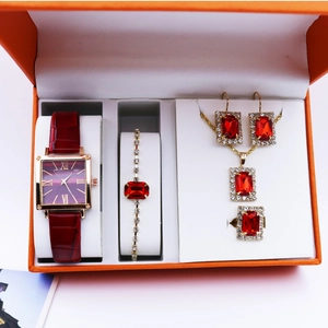 Luxury jewelry gift set with square roman watch and ruby necklace in a box