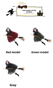 Detailed Halloween witch ornaments with broomsticks in red, green, and grey finishes