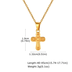 Detailed size specifications for a gold cross pendant necklace with embossed textures