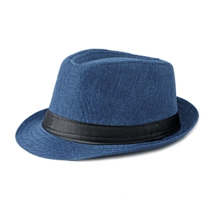 Chapeau fedora classique bleu foncé avec ruban noir, texture tissée contre le soleil
