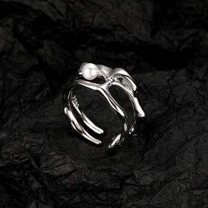 Retro liquid metal style S925 silver irregular open ring with a round white pearl inlay