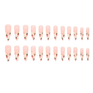Long stiletto press-on nails featuring sweet strawberry and white flower patterns