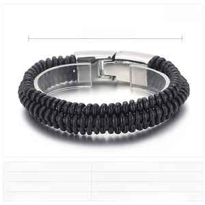 Detail view of 215x16mm black woven leather bracelet with stainless steel clasp, 38g weight