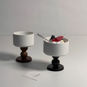 French Vintage Ceramic Stemmed Dessert Bowl Footed Cocktail Cup With Wood Base For Ice Cream Fruit Yogurt Elegant Decor