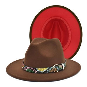 Classic two-tone wool fedora hat in brown and red with snakeskin band and gold buckle
