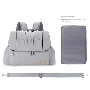 Grey waterproof diaper bag with matching changing pad and detachable shoulder strap