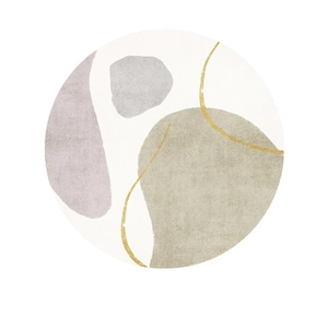 Tapis rond abstrait avec motifs gris et beige et des lignes dorées élégantes