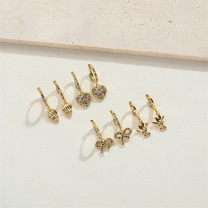 French vintage gold bow earrings with colorful zircon heart and butterfly designs