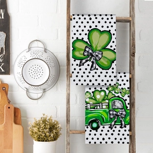 Microfiber St. Patrick's Day towels with clover and vintage truck on wooden ladder