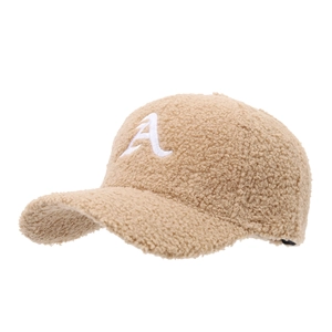 Plush sherpa baseball cap with white embroidered letter A in warm beige winter style