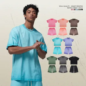 Men Casual Suit Cotton Heavyweight Washed Vintage Short Sleeve T-Shirt And Drawstring Shorts Retro Streetwear