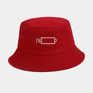 Détail d'un chapeau bob en coton rouge avec broderie créative de statut batterie 1%