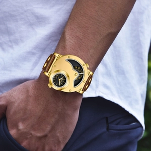 Men's fashion gold dual-dial quartz watch with brown perforated leather strap on wrist